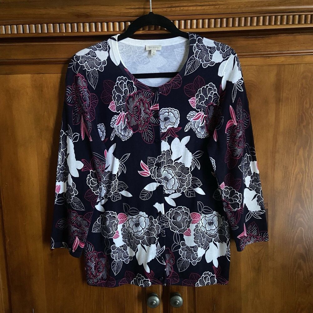 Talbots 100% Cotton Button Up Knit Cardigan Size Medium Pink/Navy/White Floral